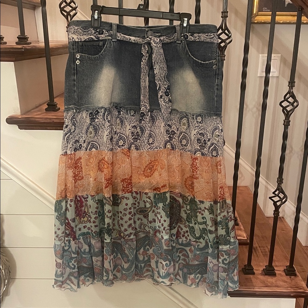Y2K Hot kiss Bohemian Denim Patchwork Maxi Skirt size 13